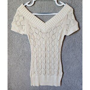 Vtg Y2K Cache Short Sleeve‎ V Neck Open Knit Long Sweater Top Ivory Metallic XS